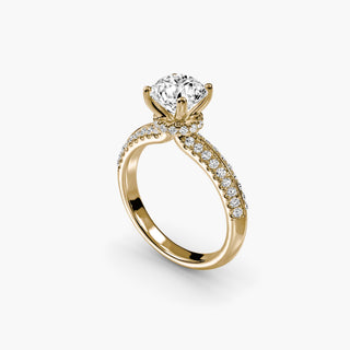 LabGrownDiamonds.com knife-edge pavé engagement ring with round center stone and hidden halo, shown from four angles.