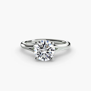 Split shank engagement ring setting with a solitaire round lab grown diamond on a white gold band. || #metal_white gold|platinum #diamond shape_round