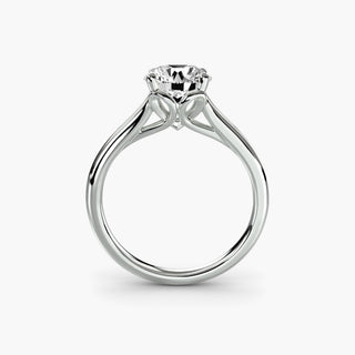 Split shank engagement ring setting in white gold, side profile view showing the heart-shaped basket and cathedral shoulders. || #metal_white gold|platinum #diamond shape_round