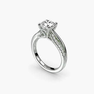 LabGrownDiamonds.com twisted half pavé round engagement ring setting with a twisted band, shown from four angles in white gold.