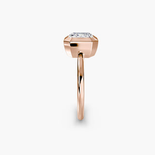 Bezel solitaire engagement ring setting in rose gold showing the band profile, with an asscher-cut lab grown diamond. || #metal_rose gold #diamond shape_asscher