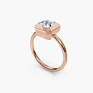 Bezel solitaire engagement ring setting in rose gold with an asscher-cut lab grown diamond, three-quarter view. || #metal_rose gold #diamond shape_asscher