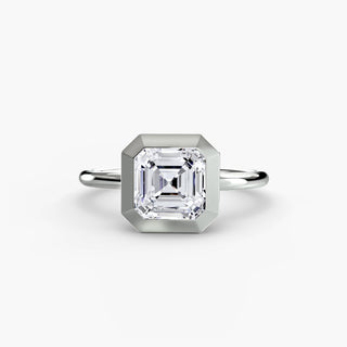 Bezel solitaire engagement ring setting in white gold, featuring an asscher-cut lab grown diamond in a smooth sculpted bezel. || #metal_white gold|platinum #diamond shape_asscher