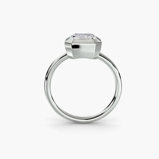 Bezel solitaire engagement ring setting in white gold, side profile view with an asscher-cut lab grown diamond. || #metal_white gold|platinum #diamond shape_asscher
