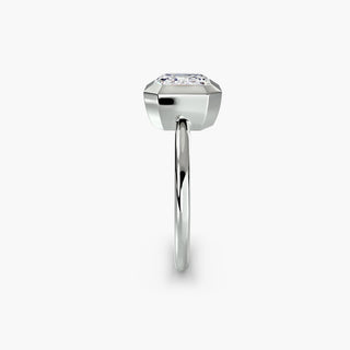 Bezel solitaire engagement ring setting in white gold showing the band profile, with an asscher-cut lab grown diamond. || #metal_white gold|platinum #diamond shape_asscher