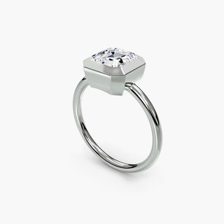 Bezel solitaire engagement ring setting in white gold with an asscher-cut lab grown diamond, three-quarter view. || #metal_white gold|platinum #diamond shape_asscher