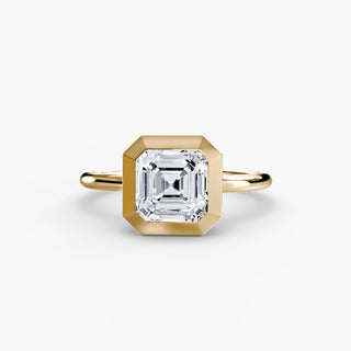 Bezel solitaire engagement ring setting in yellow gold, featuring an asscher-cut lab grown diamond in a smooth sculpted bezel. || #metal_yellow gold #diamond shape_asscher