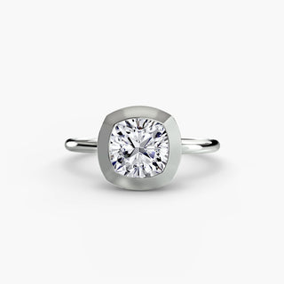 Bezel solitaire engagement ring setting in white gold, featuring a cushion-cut lab grown diamond in a smooth sculpted bezel. || #metal_white gold|platinum #diamond shape_cushion