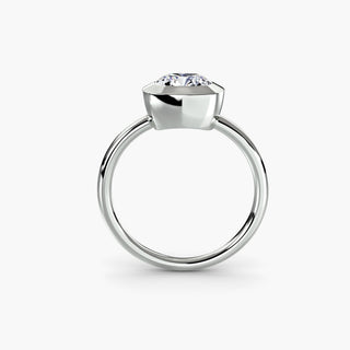 Bezel solitaire engagement ring setting in white gold, side profile view with a cushion-cut lab grown diamond. || #metal_white gold|platinum #diamond shape_cushion
