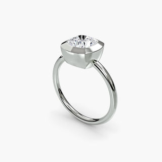 Bezel solitaire engagement ring setting in white gold with a cushion-cut lab grown diamond, three-quarter view. || #metal_white gold|platinum #diamond shape_cushion