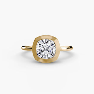 Bezel solitaire engagement ring setting in yellow gold, featuring a cushion-cut lab grown diamond in a smooth sculpted bezel. || #metal_yellow gold #diamond shape_cushion