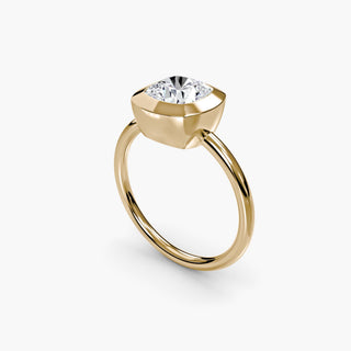 Bezel solitaire engagement ring setting in yellow gold with a cushion-cut lab grown diamond, three-quarter view. || #metal_yellow gold #diamond shape_cushion