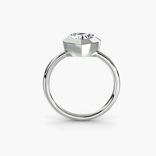 Bezel solitaire engagement ring setting in white gold, side profile view with a heart-shaped lab grown diamond. || #metal_white gold|platinum #diamond shape_heart
