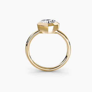 Bezel solitaire engagement ring setting in yellow gold, side profile view with a heart-shaped lab grown diamond. || #metal_yellow gold #diamond shape_heart