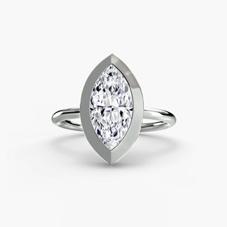 Bezel solitaire engagement ring setting in white gold, featuring a marquise-cut lab grown diamond in a smooth sculpted bezel. || #metal_white gold|platinum #diamond shape_marquise