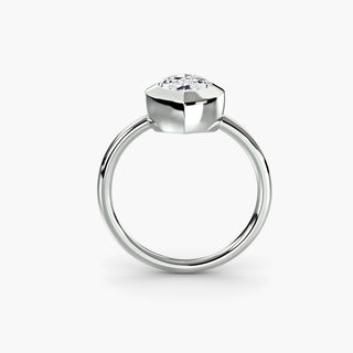 Bezel solitaire engagement ring setting in white gold, side profile view with a marquise-cut lab grown diamond. || #metal_white gold|platinum #diamond shape_marquise