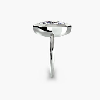 Bezel solitaire engagement ring setting in white gold showing the band profile, with a marquise-cut lab grown diamond. || #metal_white gold|platinum #diamond shape_marquise