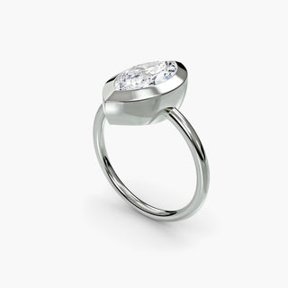 Bezel solitaire engagement ring setting in white gold with a marquise-cut lab grown diamond, three-quarter view. || #metal_white gold|platinum #diamond shape_marquise