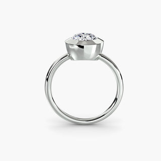 Bezel solitaire engagement ring setting in white gold, side profile view with an oval-cut lab grown diamond. || #metal_white gold|platinum #diamond shape_oval