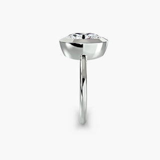 Bezel solitaire engagement ring setting in white gold showing the band profile, with an oval-cut lab grown diamond. || #metal_white gold|platinum #diamond shape_oval