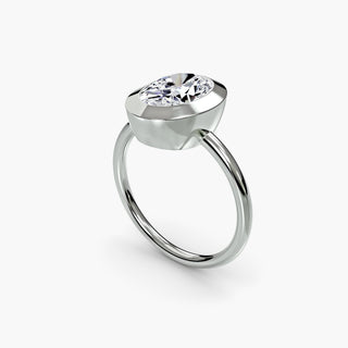 Bezel solitaire engagement ring setting in white gold with an oval-cut lab grown diamond, three-quarter view. || #metal_white gold|platinum #diamond shape_oval