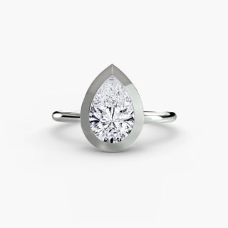Bezel solitaire engagement ring setting in white gold, featuring a pear-shaped lab grown diamond in a smooth sculpted bezel. || #metal_white gold|platinum #diamond shape_pear