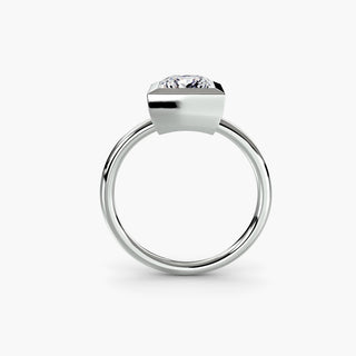 Bezel solitaire engagement ring setting in white gold, side profile view with a princess-cut lab grown diamond. || #metal_white gold|platinum #diamond shape_princess