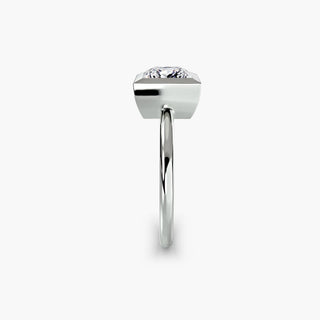 Bezel solitaire engagement ring setting in white gold showing the band profile, with a princess-cut lab grown diamond. || #metal_white gold|platinum #diamond shape_princess