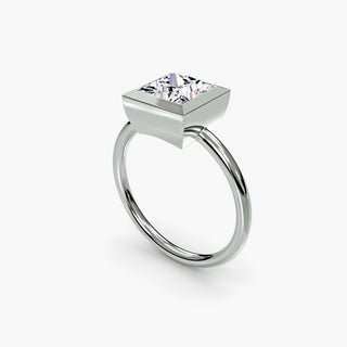 Bezel solitaire engagement ring setting in white gold with a princess-cut lab grown diamond, three-quarter view. || #metal_white gold|platinum #diamond shape_princess