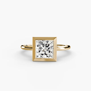 Bezel solitaire engagement ring setting in yellow gold, featuring a princess-cut lab grown diamond in a smooth sculpted bezel. || #metal_yellow gold #diamond shape_princess