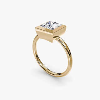 Bezel solitaire engagement ring setting in yellow gold with a princess-cut lab grown diamond, three-quarter view. || #metal_yellow gold #diamond shape_princess