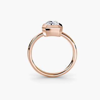 Bezel solitaire engagement ring setting in rose gold, side profile view with a radiant-cut lab grown diamond. || #metal_rose gold #diamond shape_radiant