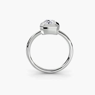 Bezel solitaire engagement ring setting in white gold, side profile view with a radiant-cut lab grown diamond. || #metal_white gold|platinum #diamond shape_radiant