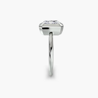 Bezel solitaire engagement ring setting in white gold showing the band profile, with a radiant-cut lab grown diamond. || #metal_white gold|platinum #diamond shape_radiant
