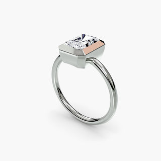Bezel solitaire engagement ring setting in white gold with a radiant-cut lab grown diamond, three-quarter view. || #metal_white gold|platinum #diamond shape_radiant