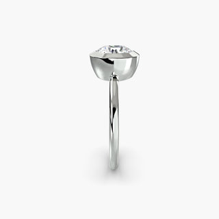 Bezel solitaire engagement ring setting in white gold showing the band profile, with a round lab grown diamond. || #metal_white gold|platinum #diamond shape_round