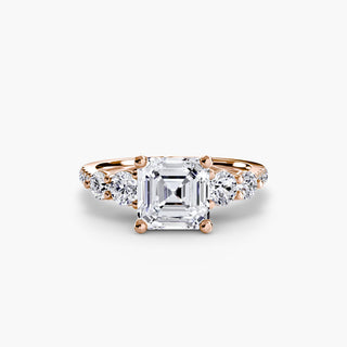 Five stone pavé trellis engagement ring setting with lab-grown diamonds, featuring an elegant Asscher cut design.