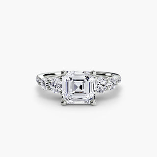 Five stone pavé trellis engagement ring setting with lab-grown diamonds, featuring an asscher cut design in white gold.