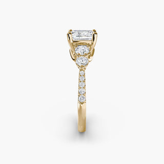 Five stone pavé trellis engagement ring setting with lab-grown diamonds, featuring asscher cut stones and yellow gold accents.