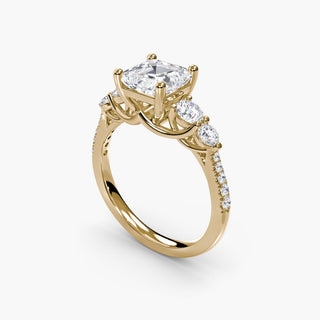 LabGrownDiamonds.com five-stone pavé trellis engagement ring setting with asscher-cut accents, shown from four angles in gold.