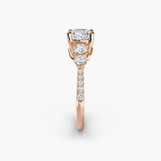 LabGrownDiamonds.com five-stone pavé trellis engagement ring setting with cushion-cut center and side stones, intricate metalwork.