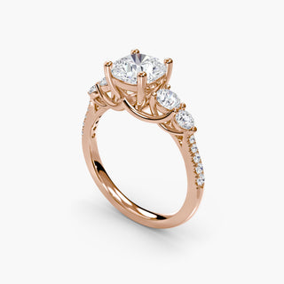 Five stone pavé trellis engagement ring setting with cushion-cut lab-grown diamonds, shown from four angles.