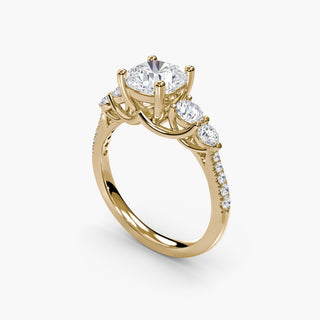 Five stone pavé trellis engagement ring setting with cushion-cut diamonds, featuring a yellow gold band from LabGrownDiamonds.com.