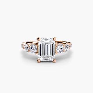 Five stone pavé trellis engagement ring setting with emerald cut lab-grown diamonds, showcasing intricate metalwork and sparkling stones.