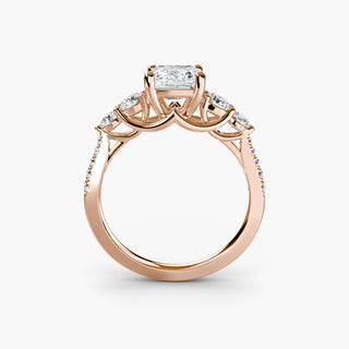 Five-stone pavé trellis engagement ring setting with lab-grown diamonds, featuring an intricate design and sparkling gemstone accents.