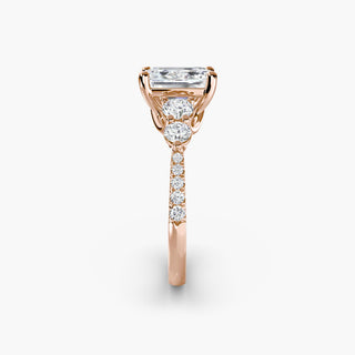 Five stone pave trellis engagement ring setting with emerald-cut accents, crafted by LabGrownDiamonds.com, shown from a side angle.