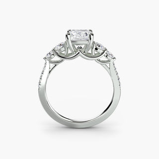 Five stone pavé trellis engagement ring setting in white gold with lab-grown diamonds, showcasing intricate side details.