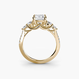 Five stone pavé trellis engagement ring setting with emerald-cut lab-grown diamonds, gold band, and intricate detailing.