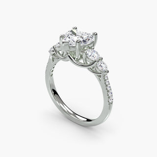 Five stone pavé trellis engagement ring setting in white gold with heart-shaped accents, crafted for lab-grown diamonds.