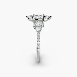 Five stone pavé trellis engagement ring setting with marquise cut accents in white gold, showcasing detailed craftsmanship.